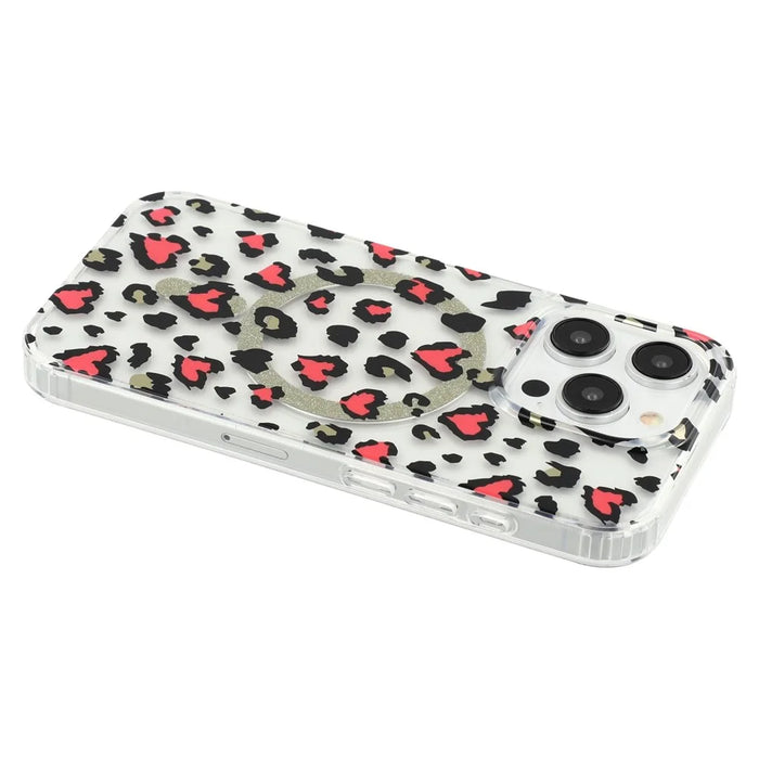For iPhone 15 Pro Max Magnetic Case Clear Anti-Yellowing PC + TPU Phone Back Cover Leopard Print Design - Red - 5