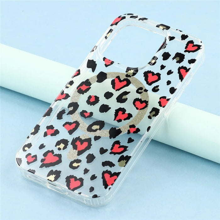 For iPhone 15 Pro Max Magnetic Case Clear Anti-Yellowing PC + TPU Phone Back Cover Leopard Print Design - Red - 6