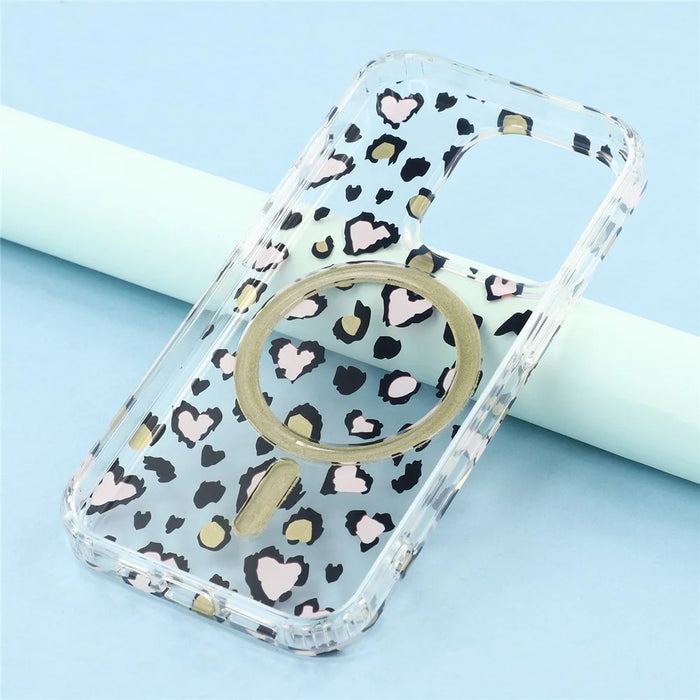 For iPhone 15 Pro Max Magnetic Case Clear Anti-Yellowing PC + TPU Phone Back Cover Leopard Print Design - Red - 7