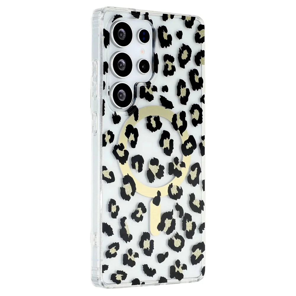 For Samsung Galaxy S25 Ultra Magnetic Case Clear Anti-Yellowing PC + TPU Phone Back Cover Leopard Print Design - Black - 1