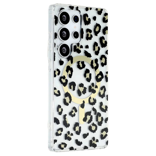 For Samsung Galaxy S25 Ultra Magnetic Case Clear Anti-Yellowing PC + TPU Phone Back Cover Leopard Print Design - Black - 1