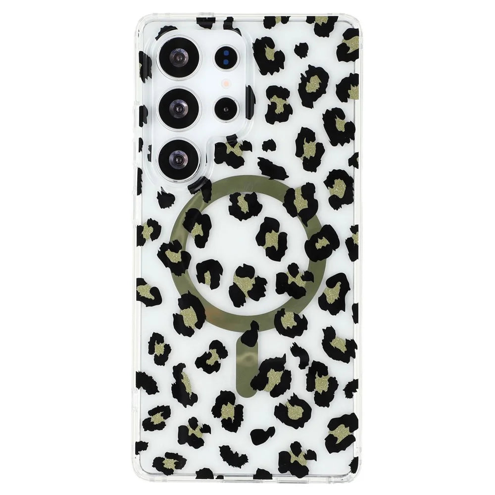 For Samsung Galaxy S25 Ultra Magnetic Case Clear Anti-Yellowing PC + TPU Phone Back Cover Leopard Print Design - Black - 3