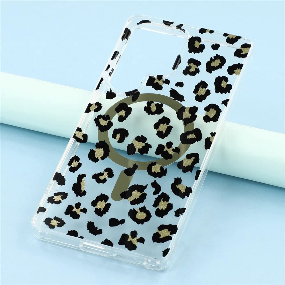 For Samsung Galaxy S25 Ultra Magnetic Case Clear Anti-Yellowing PC + TPU Phone Back Cover Leopard Print Design - Black - 6