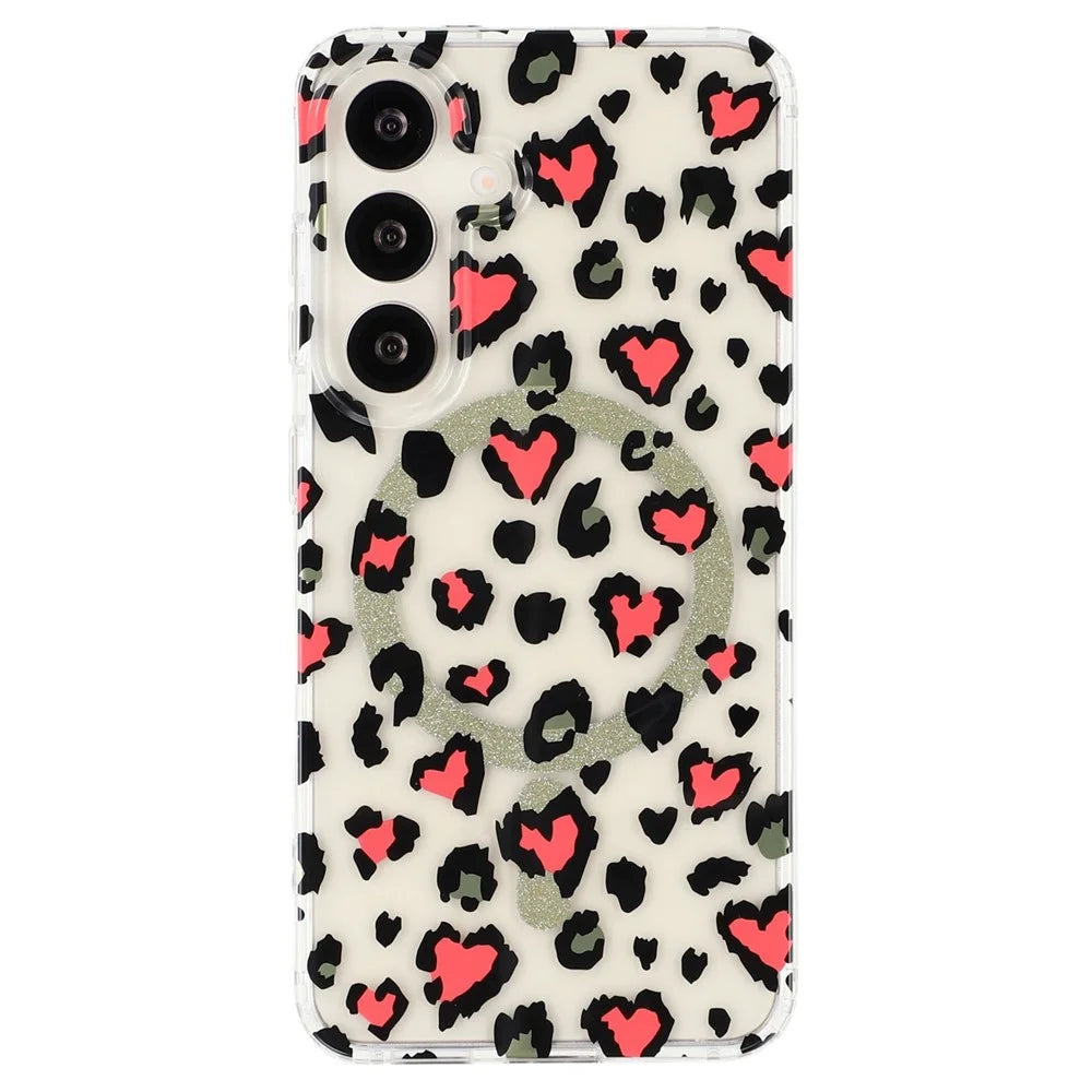 For Samsung Galaxy S25+ Magnetic Case Clear Anti-Yellowing PC + TPU Phone Back Cover Leopard Print Design - Red - 3