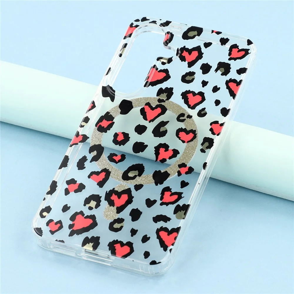 For Samsung Galaxy S25+ Magnetic Case Clear Anti-Yellowing PC + TPU Phone Back Cover Leopard Print Design - Red - 6