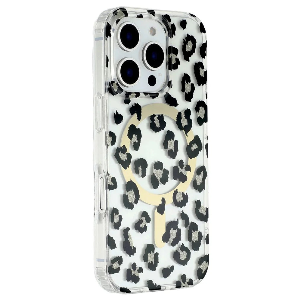 For iPhone 16 Pro Magnetic Case Clear Anti-Yellowing PC + TPU Phone Back Cover Leopard Print Design - Black - 1