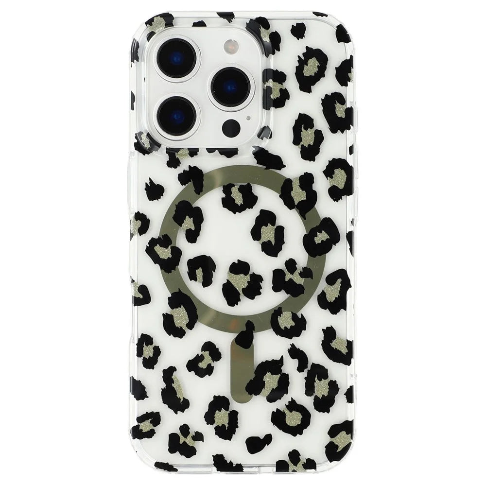 For iPhone 16 Pro Magnetic Case Clear Anti-Yellowing PC + TPU Phone Back Cover Leopard Print Design - Black - 3