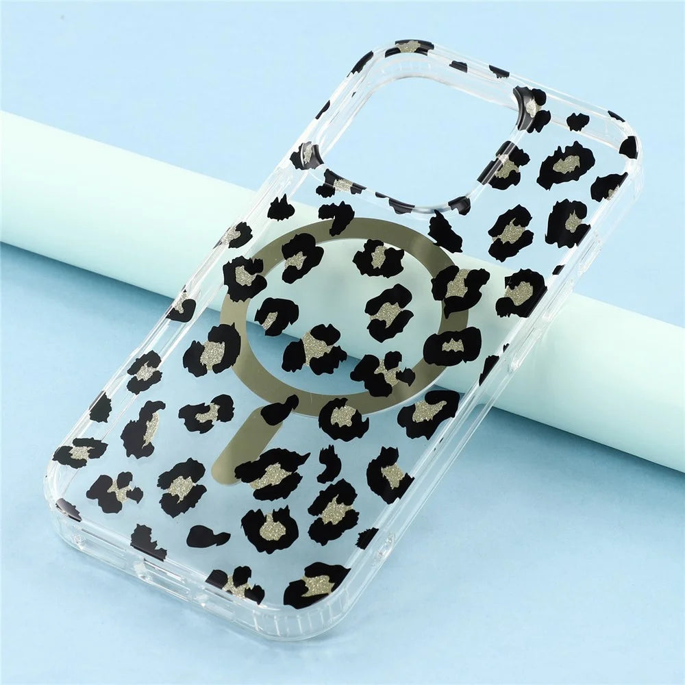 For iPhone 16 Pro Magnetic Case Clear Anti-Yellowing PC + TPU Phone Back Cover Leopard Print Design - Black - 6