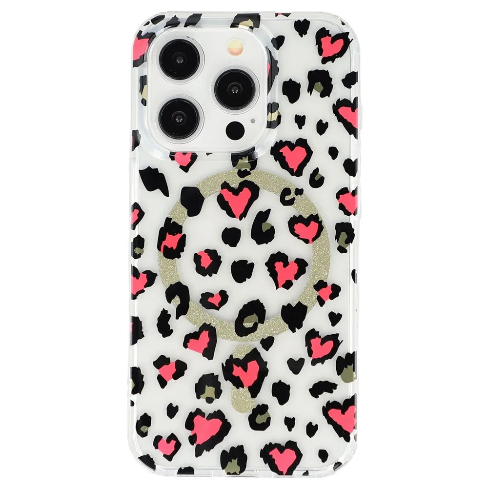 For iPhone 15 Pro Magnetic Case Clear Anti-Yellowing PC + TPU Phone Back Cover Leopard Print Design - Red - 3