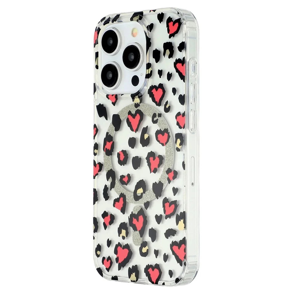 For iPhone 15 Pro Magnetic Case Clear Anti-Yellowing PC + TPU Phone Back Cover Leopard Print Design - Red - 4