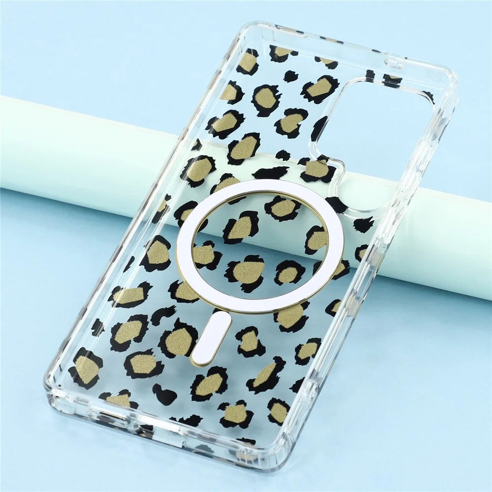 For Samsung Galaxy S24 Ultra Magnetic Case Clear Anti-Yellowing PC + TPU Phone Back Cover Leopard Print Design - Black - 7
