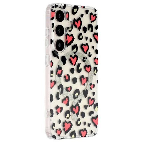 For Samsung Galaxy S25 Magnetic Case Clear Anti-Yellowing PC + TPU Phone Back Cover Leopard Print Design - Red - 1