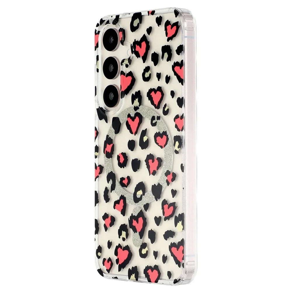 For Samsung Galaxy S25 Magnetic Case Clear Anti-Yellowing PC + TPU Phone Back Cover Leopard Print Design - Red - 4