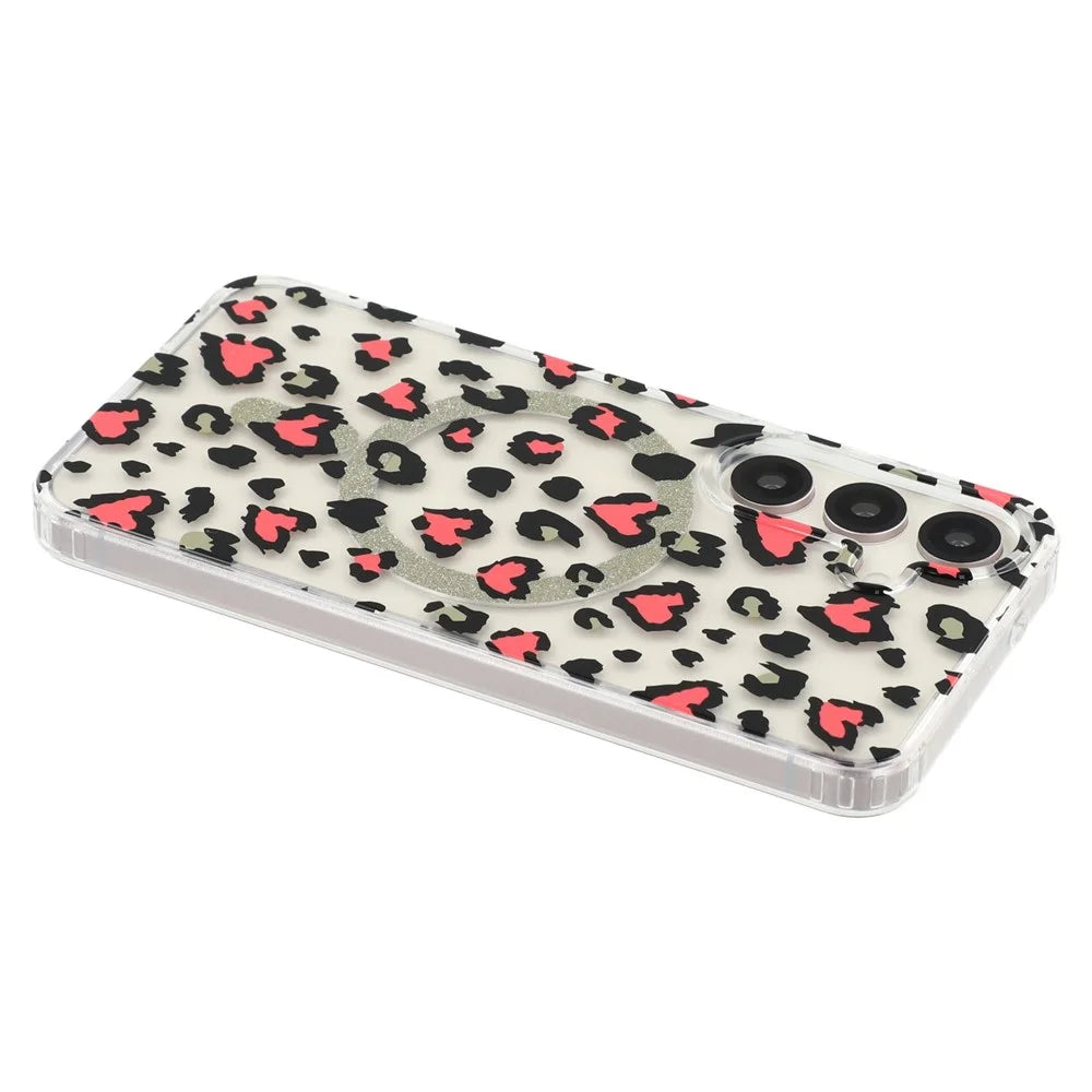 For Samsung Galaxy S25 Magnetic Case Clear Anti-Yellowing PC + TPU Phone Back Cover Leopard Print Design - Red - 5