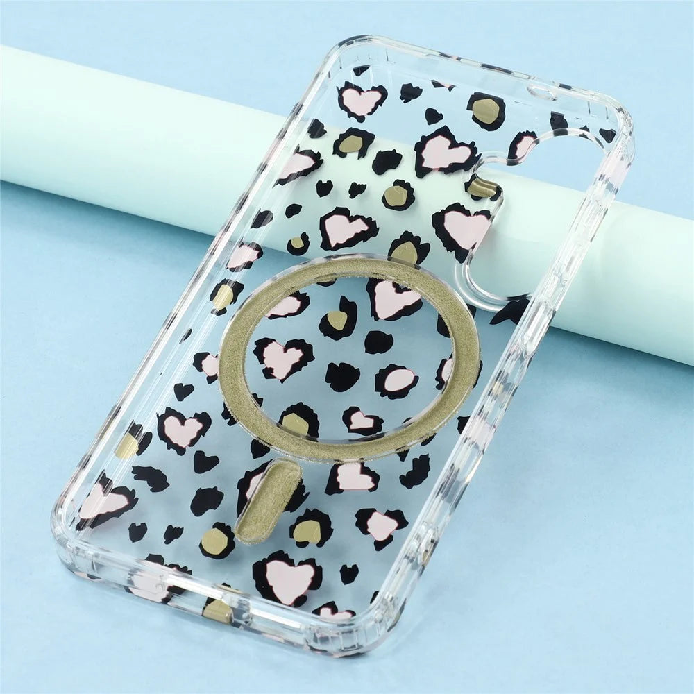For Samsung Galaxy S25 Magnetic Case Clear Anti-Yellowing PC + TPU Phone Back Cover Leopard Print Design - Red - 7