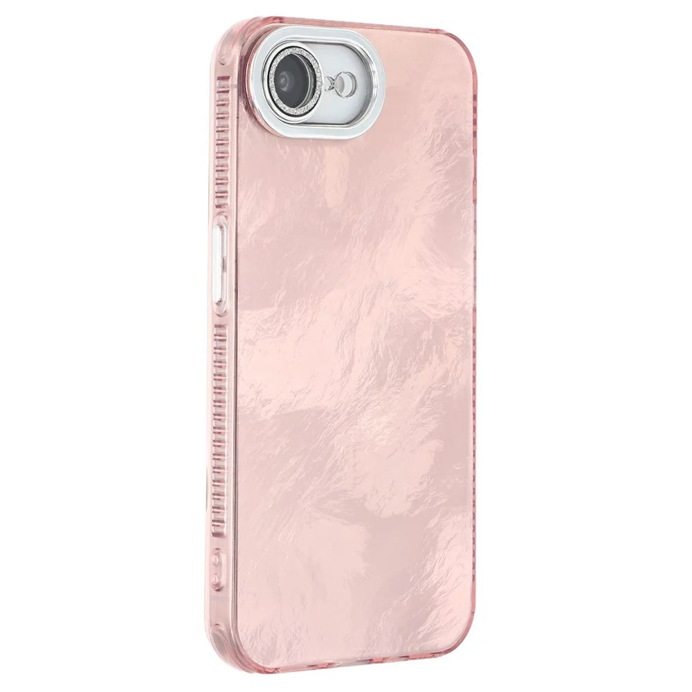 For iPhone 17e / 16e Case IMD Design Shockproof PC+TPU Phone Cover with Glass Lens Film - Foil Pattern / Rose Gold - 1