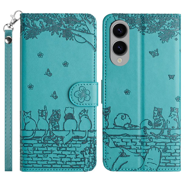 For Samsung Galaxy S25 Edge Case with Wrist Strap Leather Phone Cover Wall Cats Pattern - Green - 1