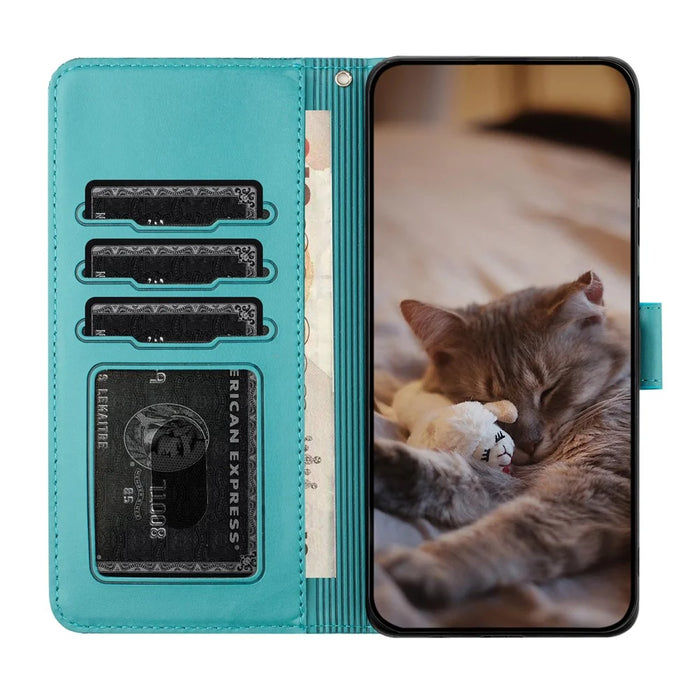 For Samsung Galaxy S25 Edge Case with Wrist Strap Leather Phone Cover Wall Cats Pattern - Green - 2