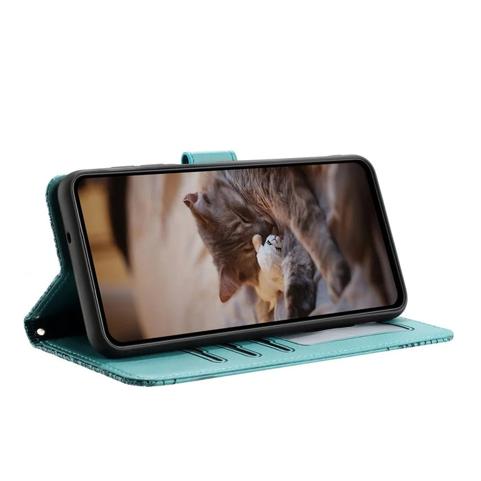 For Samsung Galaxy S25 Edge Case with Wrist Strap Leather Phone Cover Wall Cats Pattern - Green - 3