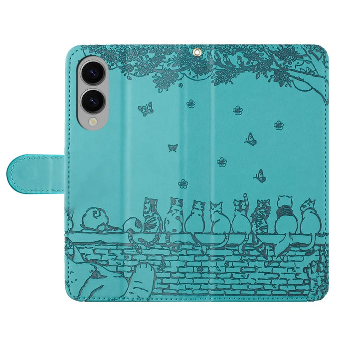 For Samsung Galaxy S25 Edge Case with Wrist Strap Leather Phone Cover Wall Cats Pattern - Green - 4