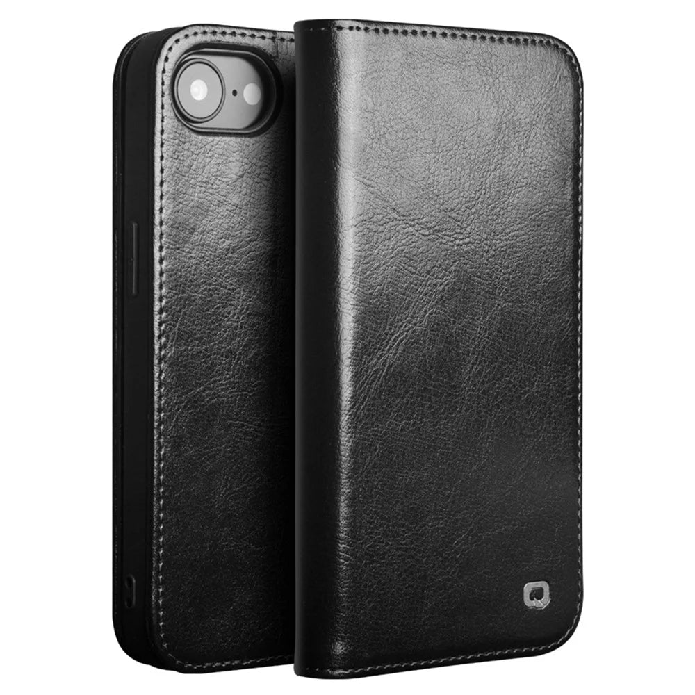 QIALINO For iPhone 17e / 16e Case Wallet Stand Genuine Cow Leather Phone Cover - Black - 1