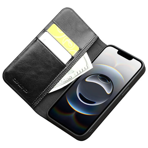 QIALINO For iPhone 17e / 16e Case Wallet Stand Genuine Cow Leather Phone Cover - Black - 2