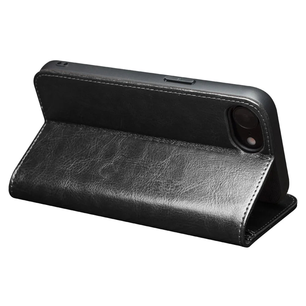 QIALINO For iPhone 17e / 16e Case Wallet Stand Genuine Cow Leather Phone Cover - Black - 3