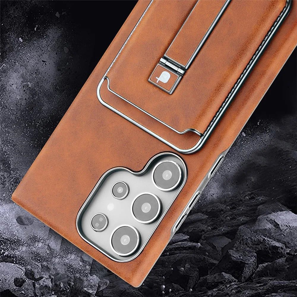 For Samsung Galaxy S25 Ultra Case with Card Holder Kickstand Leather Texture PC Matte Phone Cover Electroplated - Purple - 5