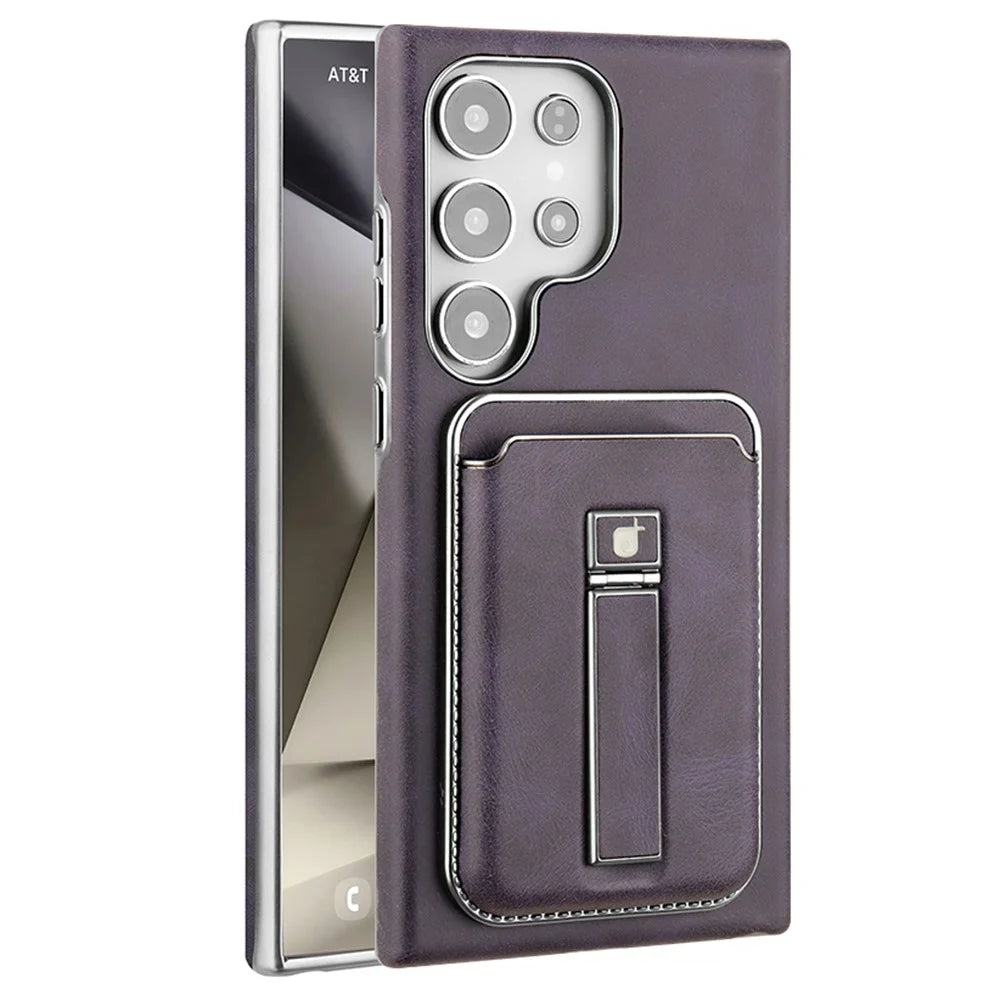 For Samsung Galaxy S24 Ultra Case with Card Holder Kickstand Leather Texture PC Matte Phone Cover Electroplated - Purple - 1