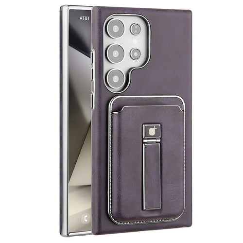 For Samsung Galaxy S23 Ultra Case with Card Holder Kickstand Leather Texture PC Matte Phone Cover Electroplated - Purple - 1