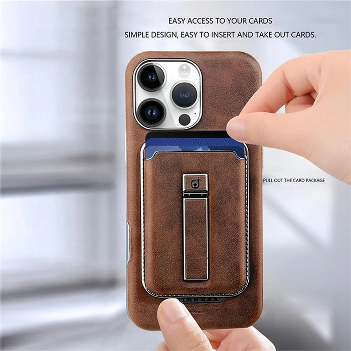For iPhone 16 Pro Max Case with Card Holder Kickstand Leather Texture PC Matte Phone Cover Electroplated - Dark Brown - 5