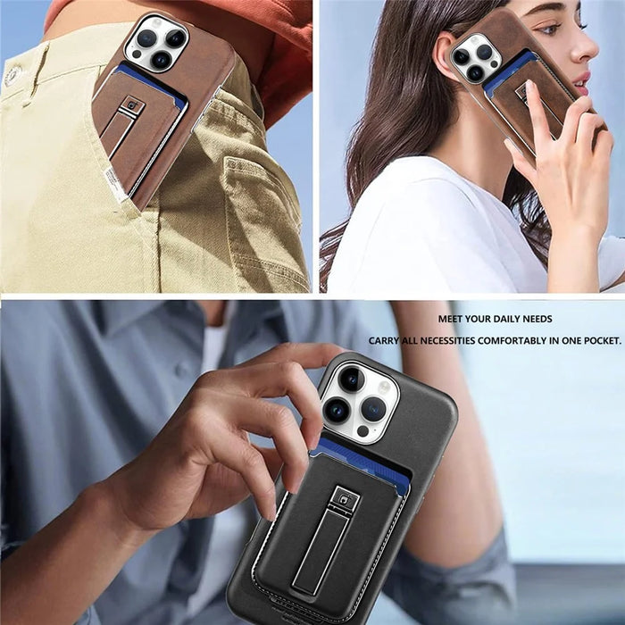 For iPhone 16 Pro Max Case with Card Holder Kickstand Leather Texture PC Matte Phone Cover Electroplated - Dark Brown - 6