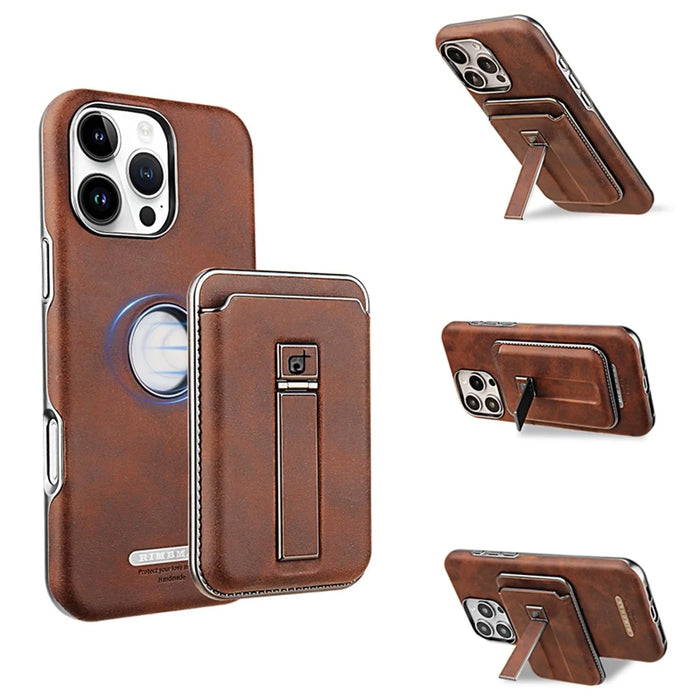 For iPhone 16 Pro Case with Card Holder Kickstand Leather Texture PC Matte Phone Cover Electroplated - Dark Brown - 1