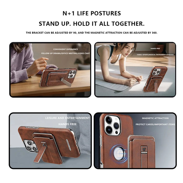 For iPhone 16 Pro Case with Card Holder Kickstand Leather Texture PC Matte Phone Cover Electroplated - Dark Brown - 2