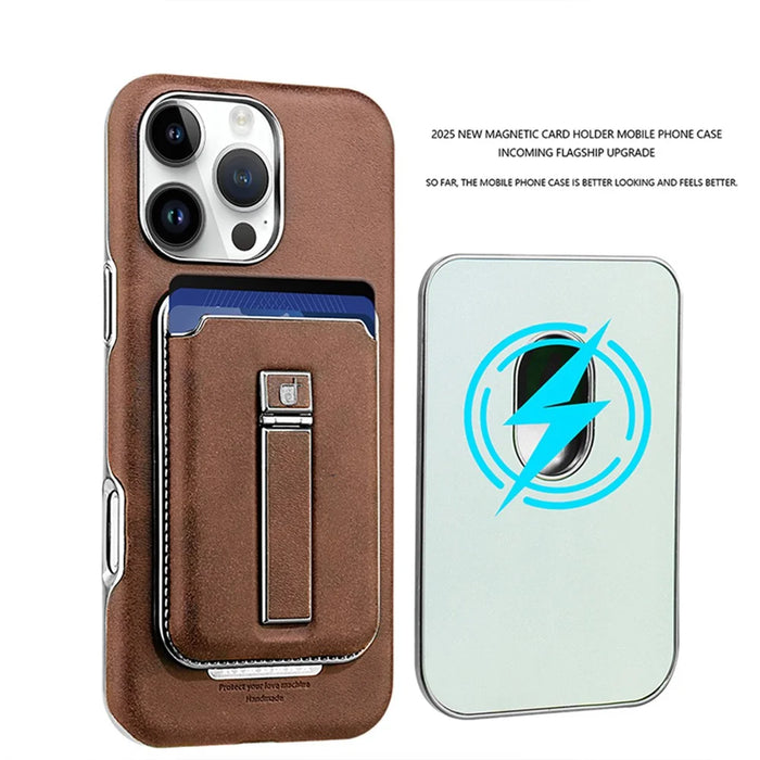 For iPhone 16 Pro Case with Card Holder Kickstand Leather Texture PC Matte Phone Cover Electroplated - Dark Brown - 3