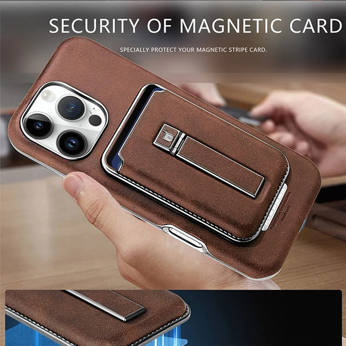 For iPhone 16 Pro Case with Card Holder Kickstand Leather Texture PC Matte Phone Cover Electroplated - Dark Brown - 4
