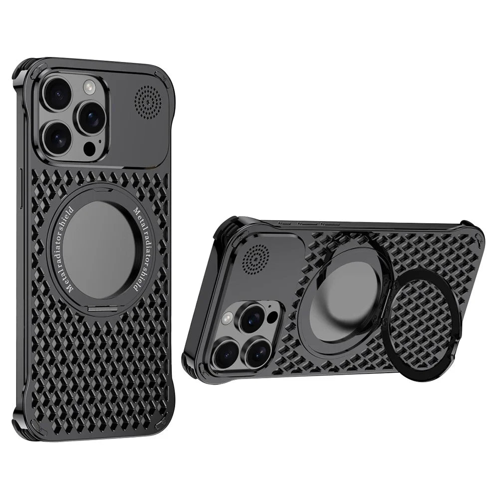 R-JUST RJ64 For iPhone 14 Pro Max Magnetic Case Aluminum Alloy Perfume Cooling Phone Cover with Rotating Kickstand - Black - 1