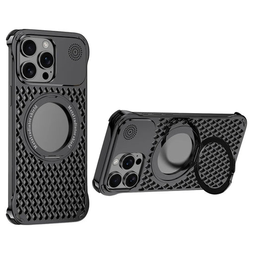R-JUST RJ64 For iPhone 14 Pro Max Magnetic Case Aluminum Alloy Perfume Cooling Phone Cover with Rotating Kickstand - Black - 1