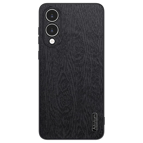 For Samsung Galaxy S25 Edge Case Wood Texture PU Leather Coated PC TPU Phone Cover - Black - 1