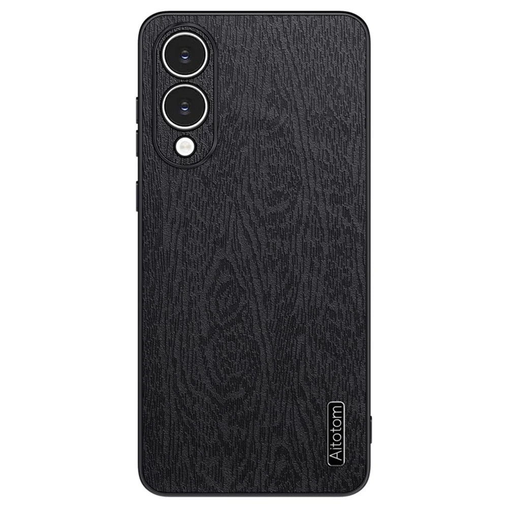 For Samsung Galaxy S25 Edge Case Wood Texture PU Leather Coated PC TPU Phone Cover - Black - 1
