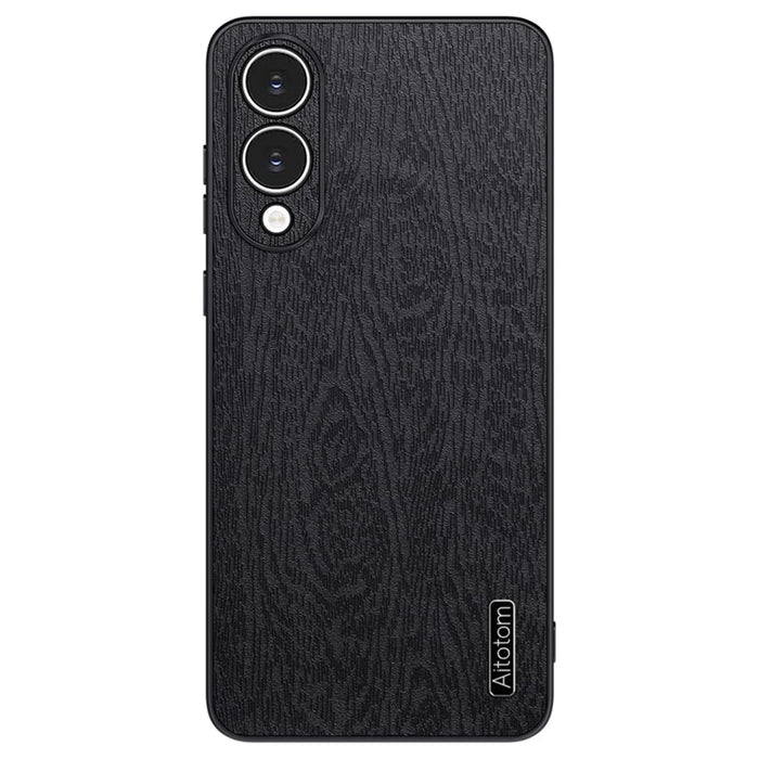 For Samsung Galaxy S25 Edge Case Wood Texture PU Leather Coated PC TPU Phone Cover - Black - 1