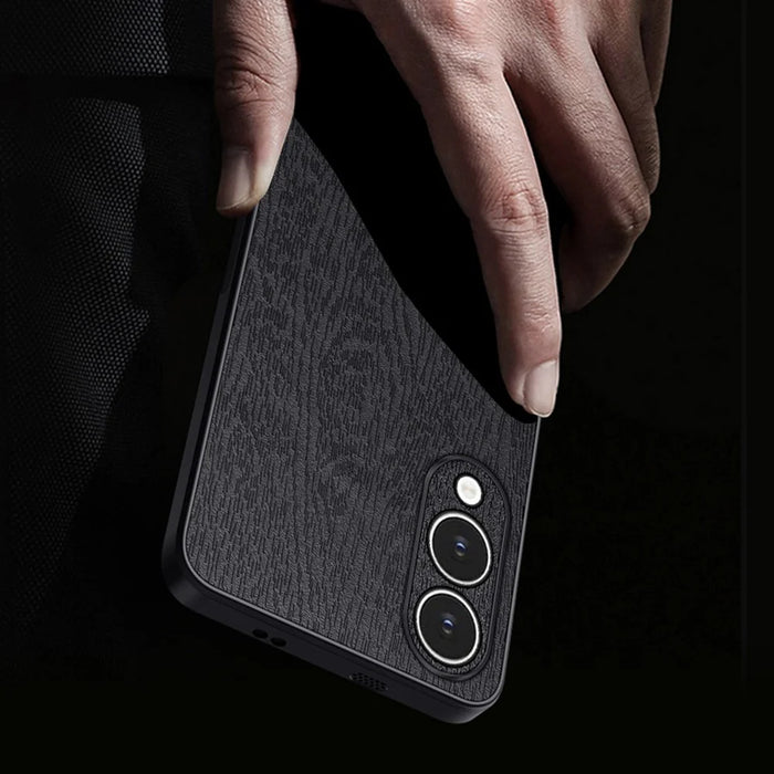 For Samsung Galaxy S25 Edge Case Wood Texture PU Leather Coated PC TPU Phone Cover - Black - 2