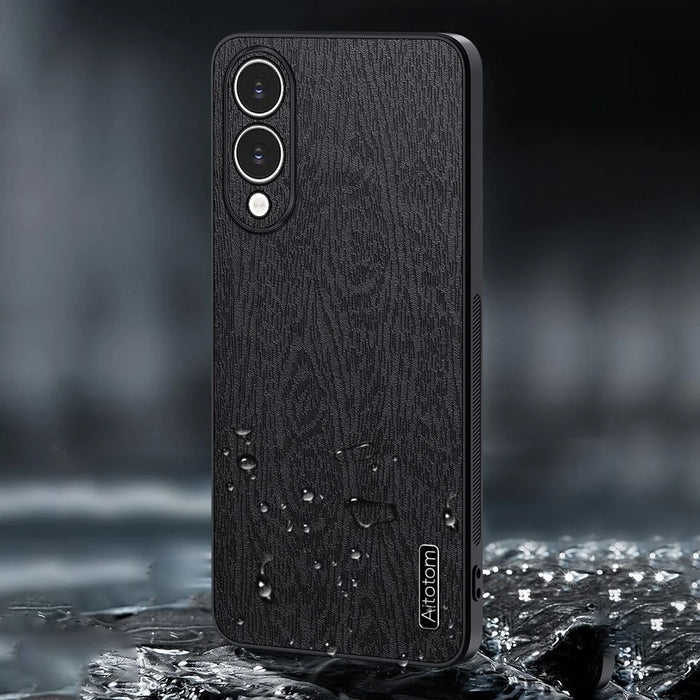 For Samsung Galaxy S25 Edge Case Wood Texture PU Leather Coated PC TPU Phone Cover - Black - 3