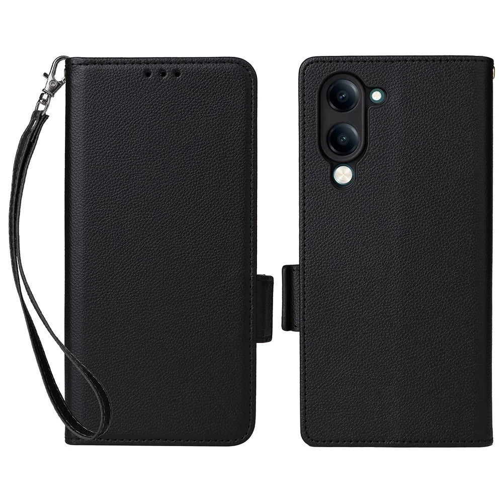 For vivo Y04 4G / Y29s 5G Case with Wrist Strap Litchi Texture PU Leather Wallet Phone Cover - Black - 1