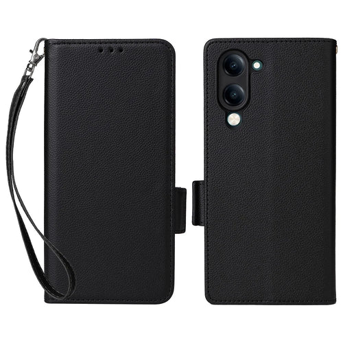 For vivo Y04 4G / Y29s 5G Case with Wrist Strap Litchi Texture PU Leather Wallet Phone Cover - Black - 1