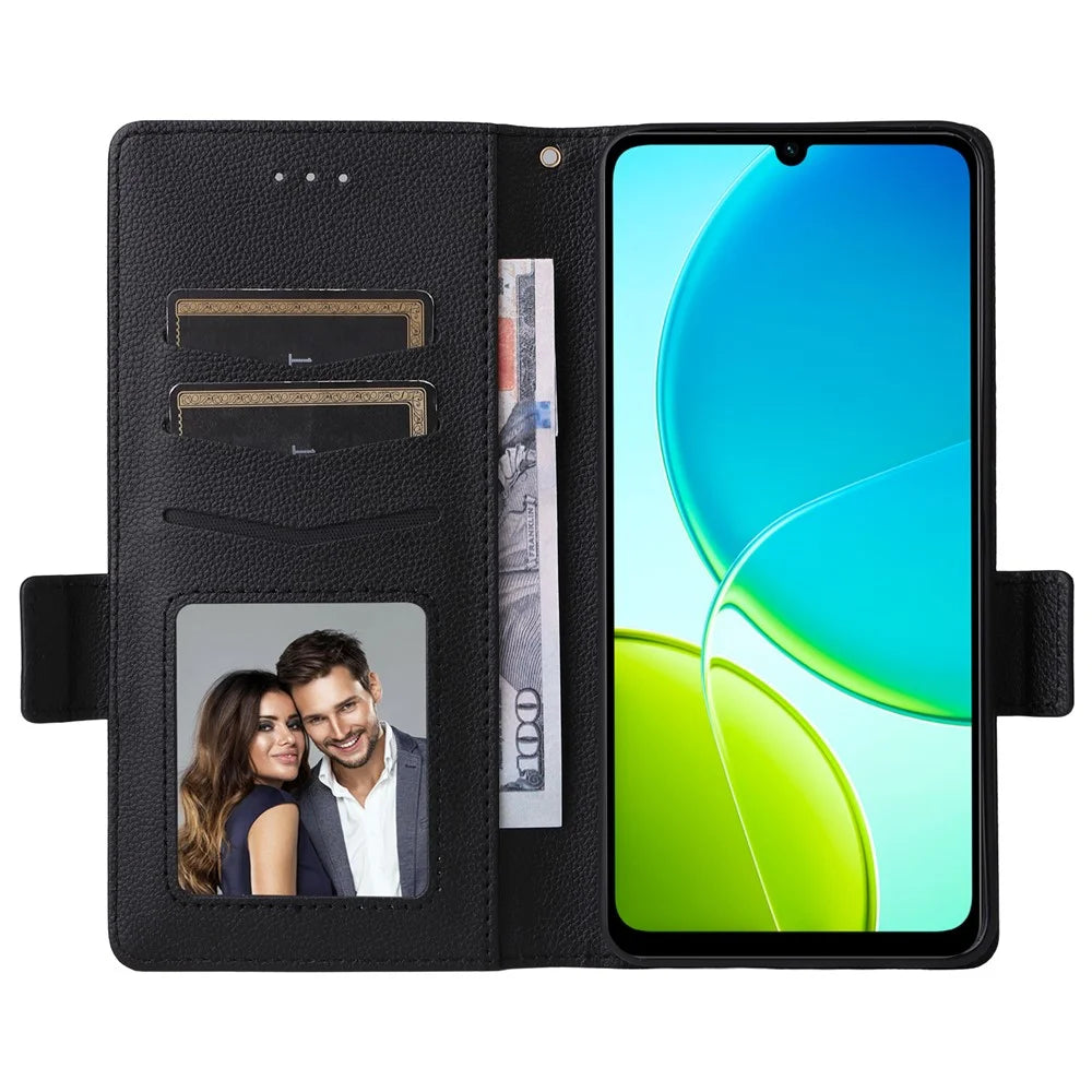 For vivo Y04 4G / Y29s 5G Case with Wrist Strap Litchi Texture PU Leather Wallet Phone Cover - Black - 2