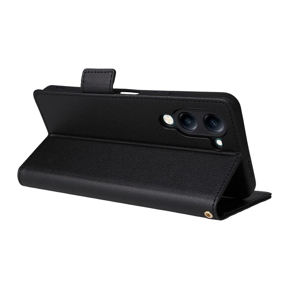 For vivo Y04 4G / Y29s 5G Case with Wrist Strap Litchi Texture PU Leather Wallet Phone Cover - Black - 3