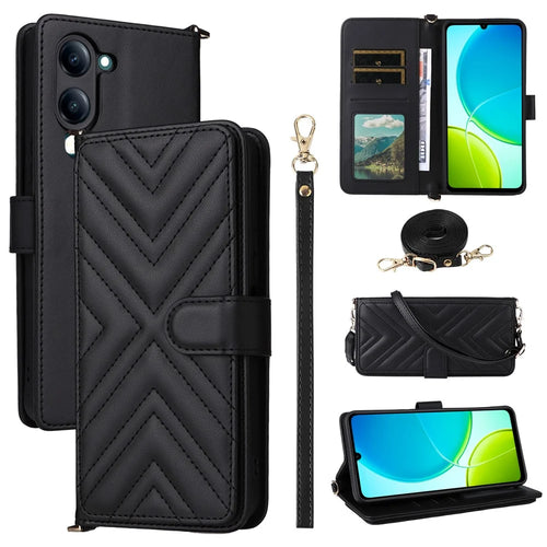 For vivo Y04 4G / Y29s 5G Wallet Case with Shoulder / Wrist Strap Leather Phone Cover Stand - Black - 1
