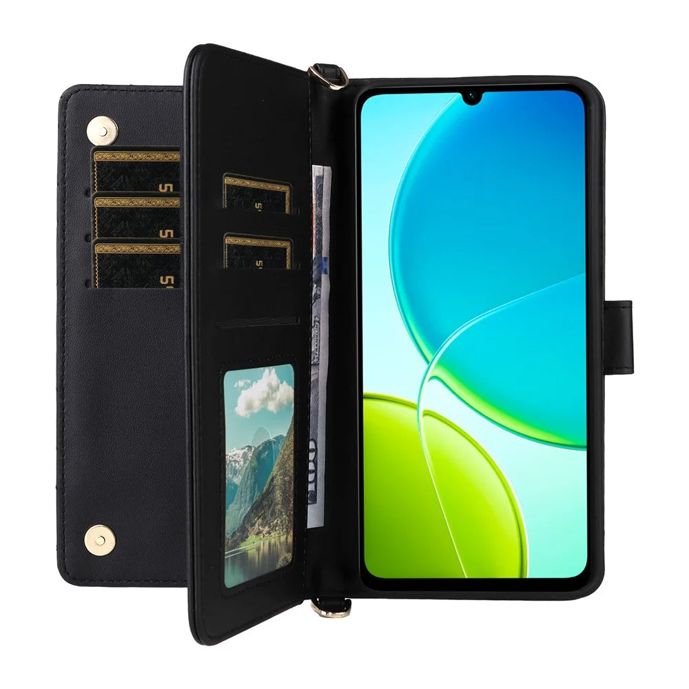 For vivo Y04 4G / Y29s 5G Wallet Case with Shoulder / Wrist Strap Leather Phone Cover Stand - Black - 2