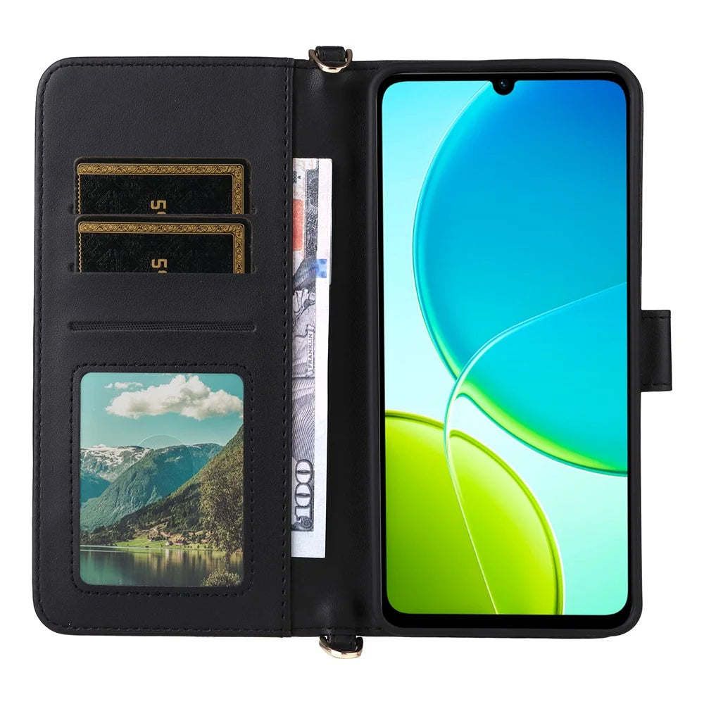 For vivo Y04 4G / Y29s 5G Wallet Case with Shoulder / Wrist Strap Leather Phone Cover Stand - Black - 4
